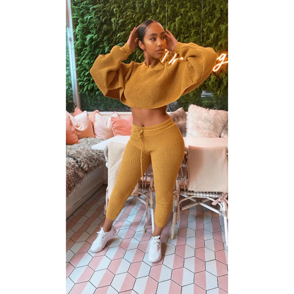 Camel Waffle Knit Cropped Lounge Set